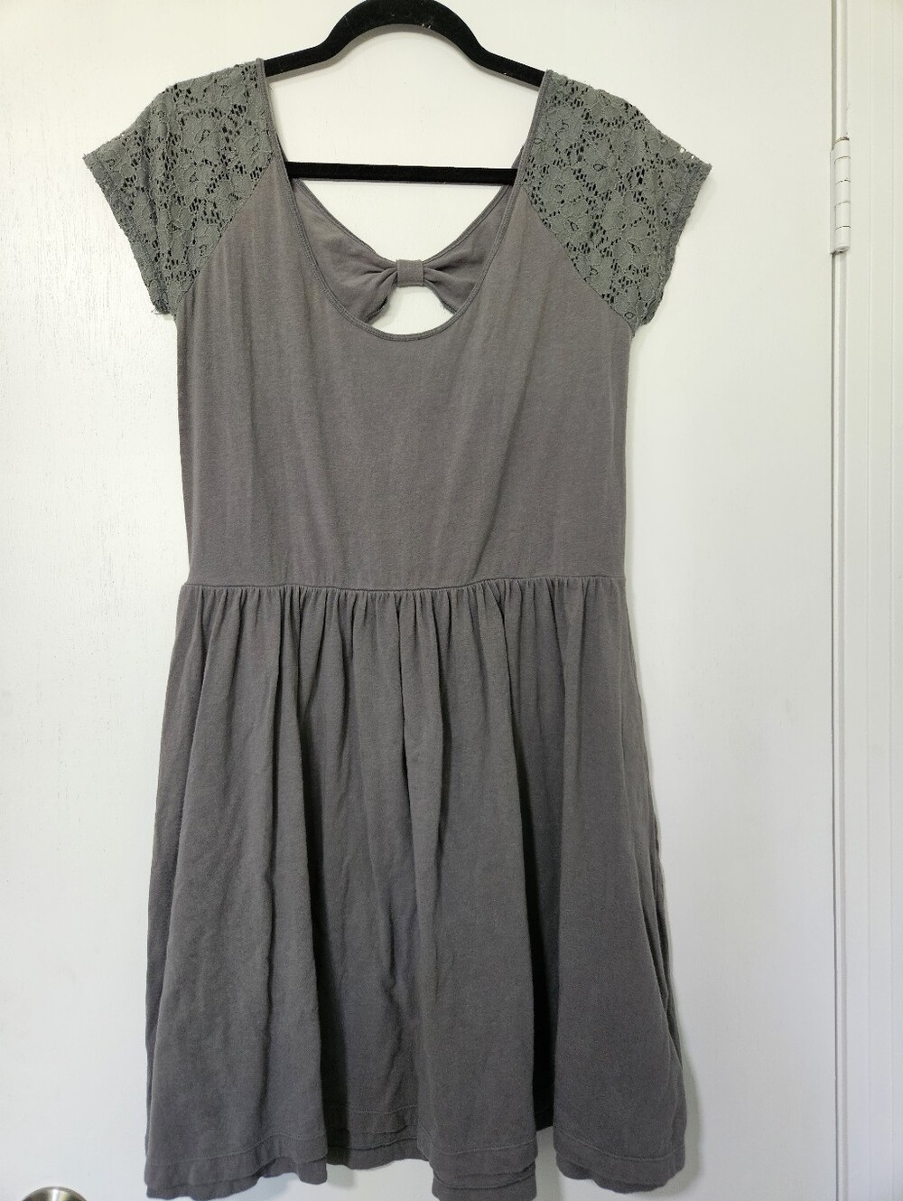 Aeropostale Gray Lace Sleeve Bow Back Cut Out Skater Dress with Pockets XL